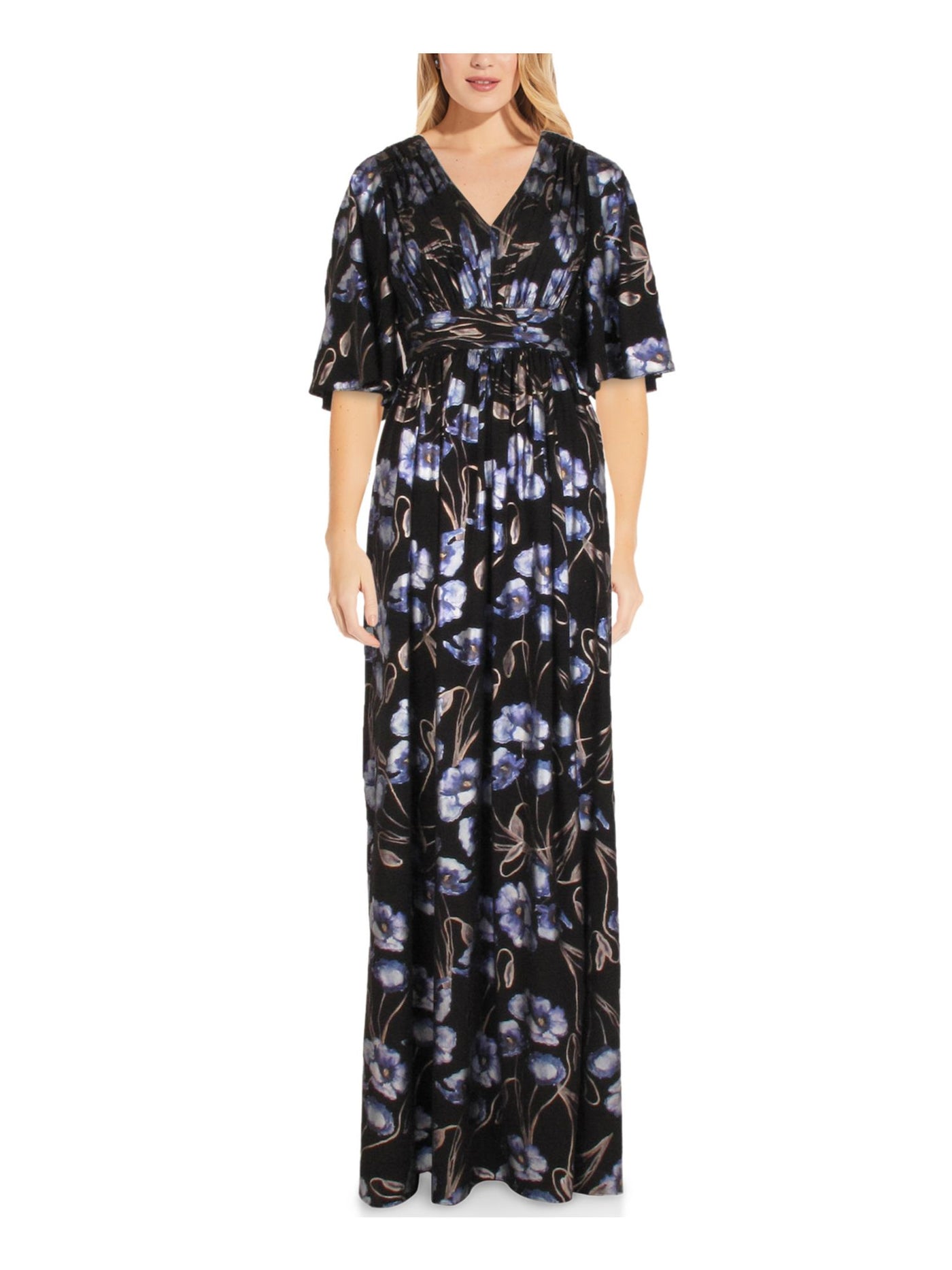 ADRIANNA PAPELL Womens Black Pleated Zippered Metallic Floral Kimono Sleeve V Neck Full-Length Evening Gown Dress Petites 6P