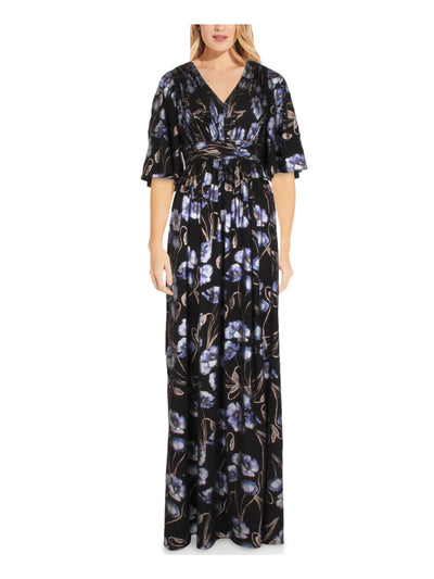 ADRIANNA PAPELL Womens Black Pleated Zippered Metallic Floral Kimono Sleeve V Neck Full-Length Evening Gown Dress Petites 4P