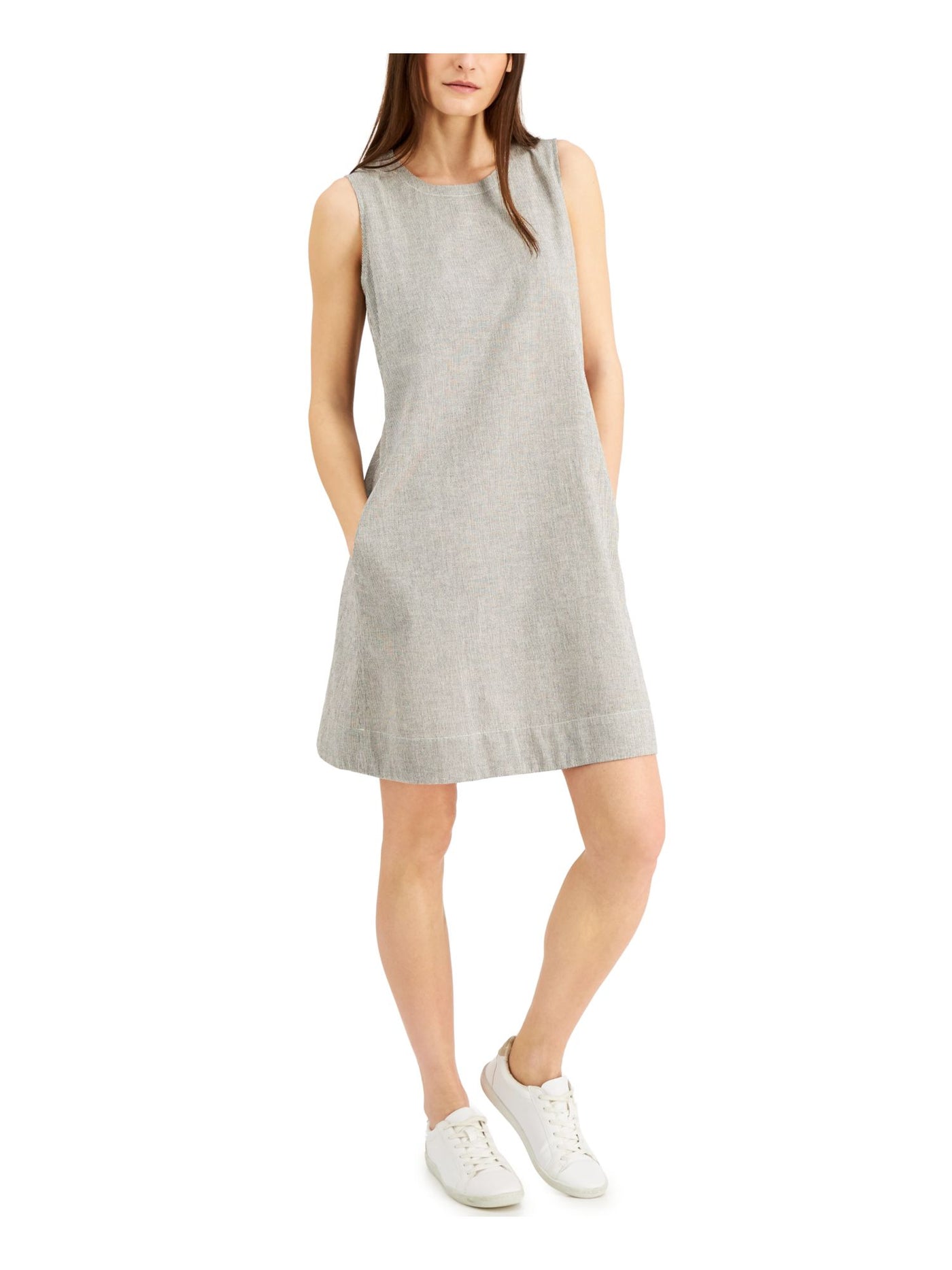 EILEEN FISHER Womens Gray Pinstripe Sleeveless Round Neck Above The Knee Shift Dress Petites PS