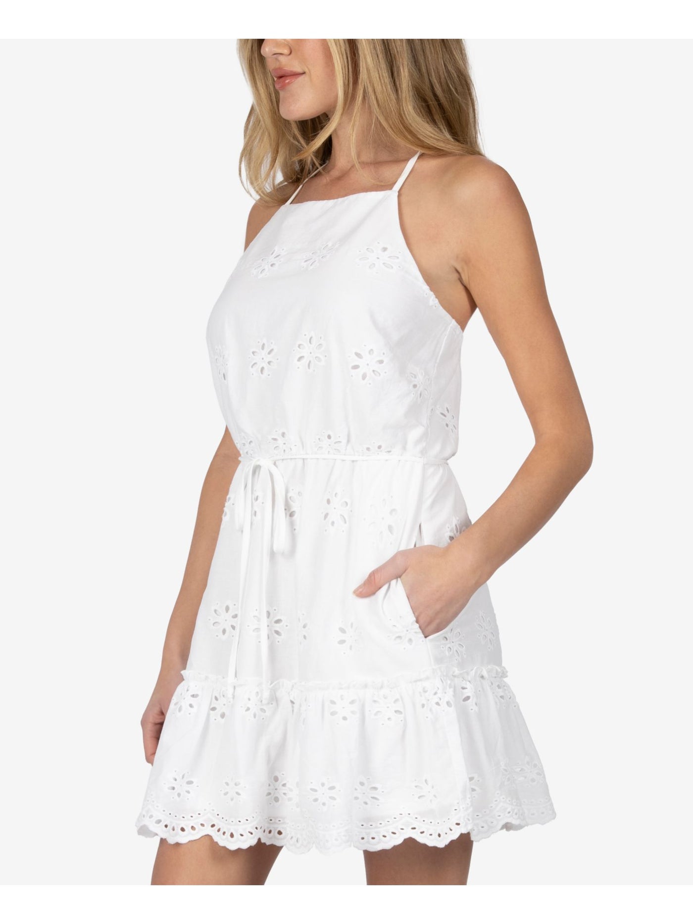 SPEECHLESS Womens Eyelet Belted Ruffled Sleeveless Halter Short Party Fit + Flare Dress