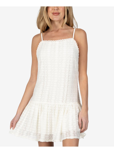 SPEECHLESS Womens Ivory Lace Crochet Trim; Drop Waist Sleeveless Square Neck Short A-Line Dress M