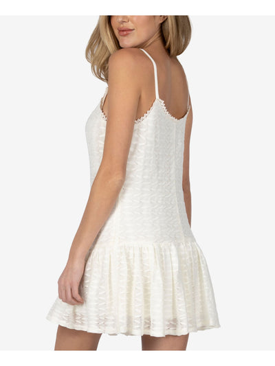 SPEECHLESS Womens Ivory Lace Crochet Trim; Drop Waist Sleeveless Square Neck Short A-Line Dress M