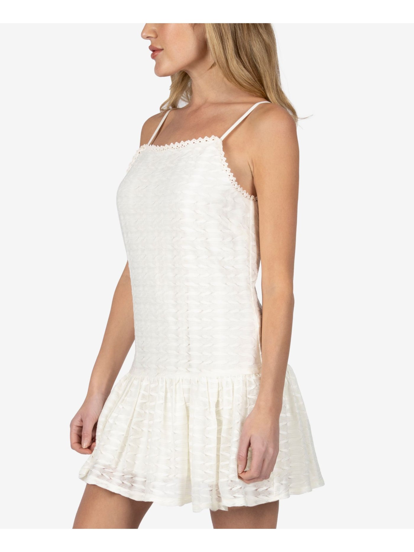 SPEECHLESS Womens Ivory Lace Crochet Trim; Drop Waist Sleeveless Square Neck Short A-Line Dress S