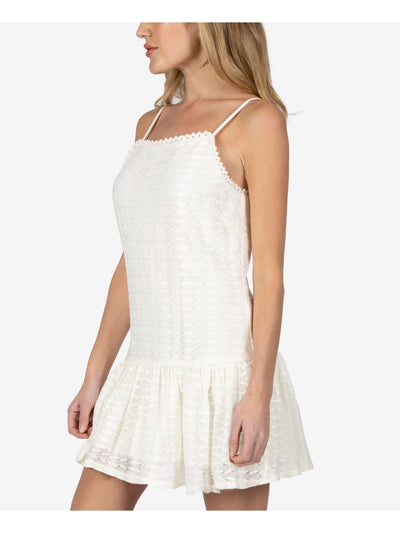 SPEECHLESS Womens Ivory Lace Crochet Trim; Drop Waist Sleeveless Square Neck Short A-Line Dress L