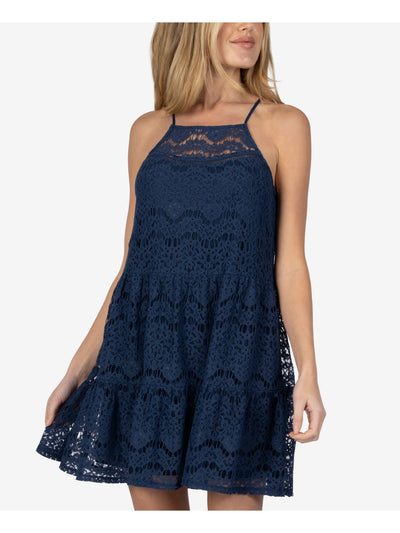 SPEECHLESS Womens Navy Lace Pocketed Sleeveless Halter Short Shift Dress S