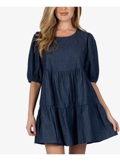 SPEECHLESS Womens Navy Pleated 3/4 Blouson Sleeves Scoop Neck Mini Evening Baby Doll Dress XS