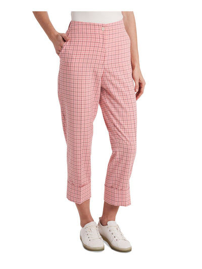 RILEY&RAE Womens Pink Stretch Zippered Pocketed Cuffed Hem Plaid Straight leg Pants 0