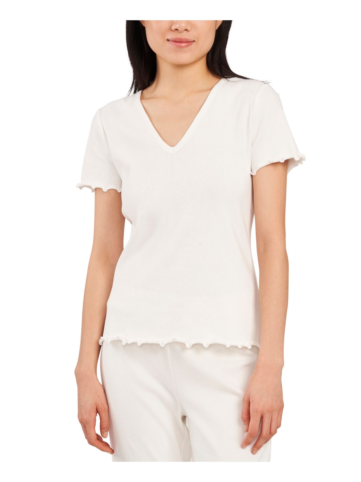 RILEY&RAE Womens White Stretch Ribbed Lettuce Edge Cuffs And Hem Short Sleeve V Neck Top M