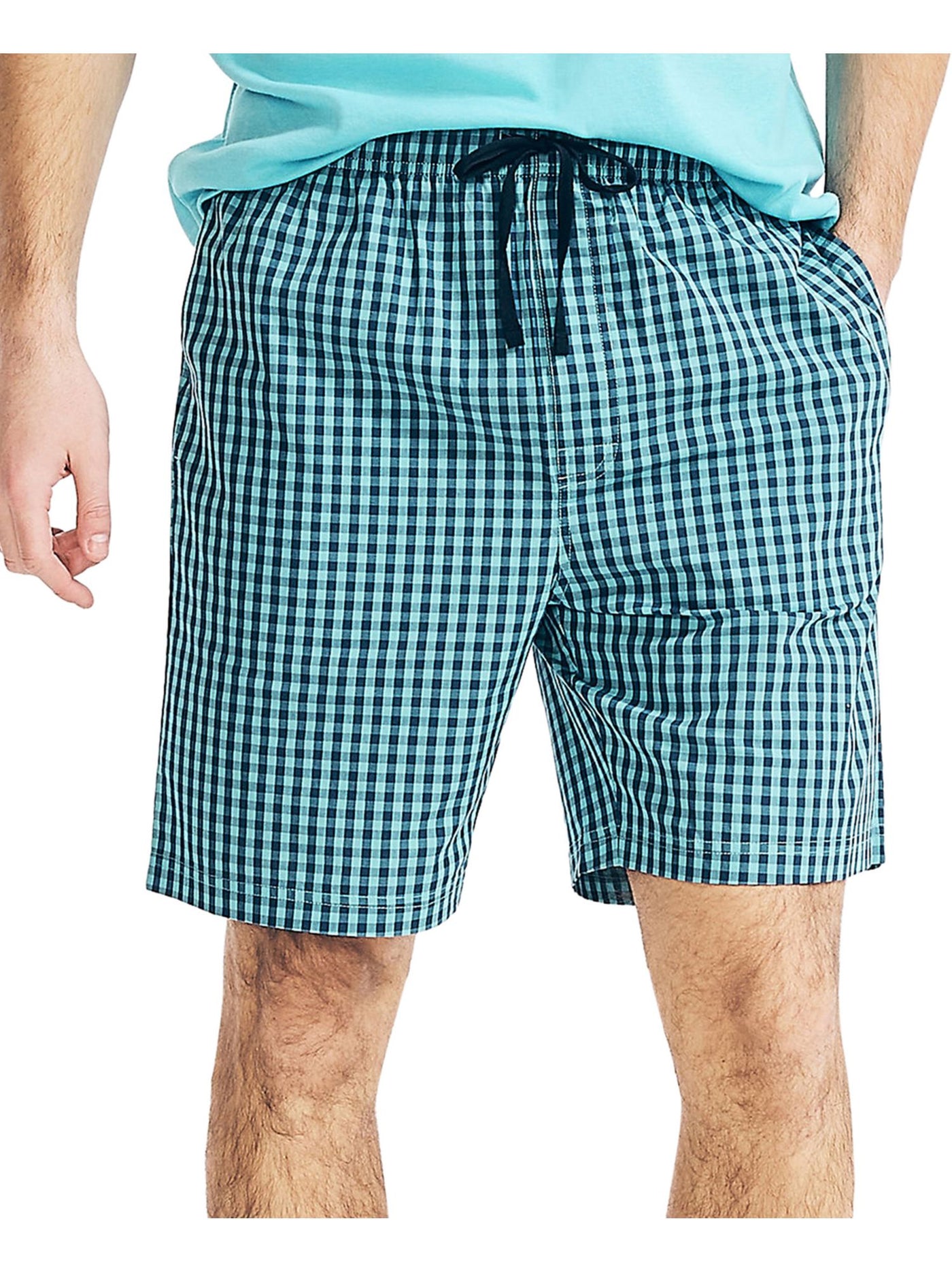 NAUTICA Intimates Turquoise Classic Fit  Pocketed Logo At Hip Concealed Button Fly Closure Check Sleep Shorts M