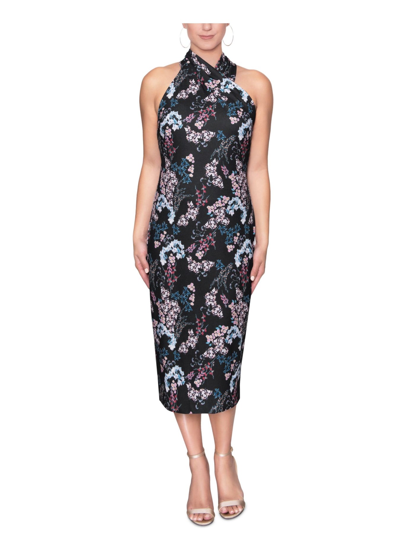 RACHEL RACHEL ROY Womens Stretch Pleated Zippered Sleeveless Halter Midi Evening Sheath Dress