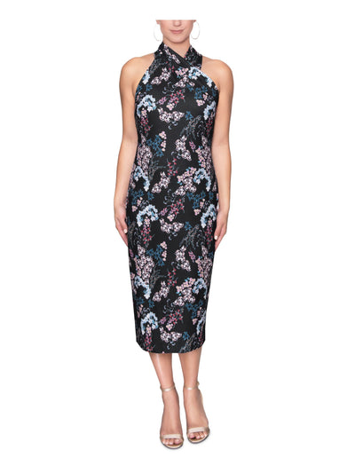 RACHEL RACHEL ROY Womens Black Stretch Pleated Zippered Floral Sleeveless Halter Midi Evening Sheath Dress XS