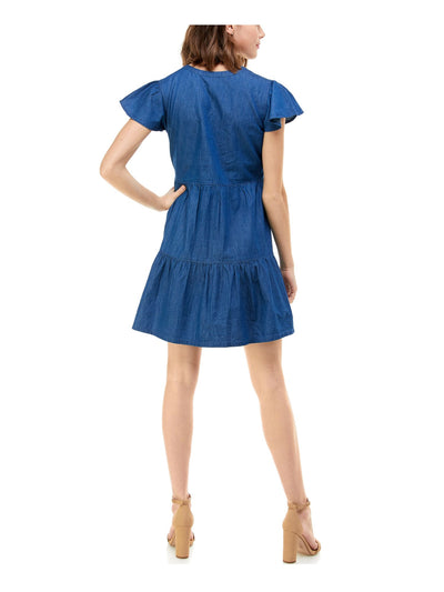 Rosie Harlow Womens Blue Chambray Flutter Sleeve Split Short A-Line Dress S