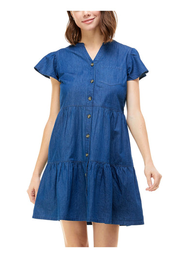 ROSIE HARLOW Womens Chambray Flutter Sleeve Split Short A-Line Dress