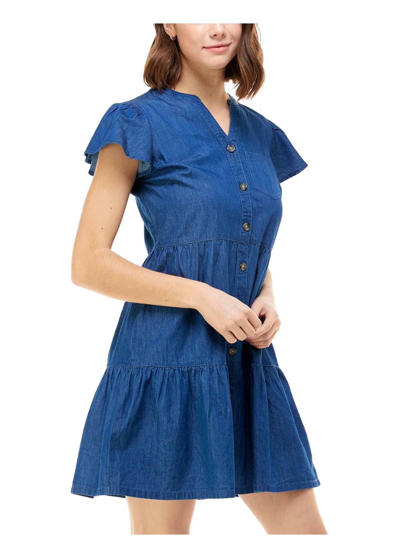 ROSIE HARLOW Womens Chambray Flutter Sleeve Split Short A-Line Dress