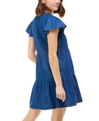 ROSIE HARLOW Womens Chambray Flutter Sleeve Split Short A-Line Dress