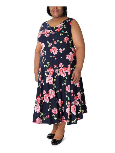 SIGNATURE BY ROBBIE BEE Womens Navy Floral Sleeveless Cowl Neck Midi Wear To Work Fit + Flare Dress Plus 2X