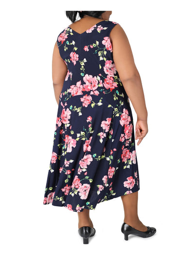 SIGNATURE BY ROBBIE BEE Womens Navy Floral Sleeveless Cowl Neck Midi Wear To Work Fit + Flare Dress Plus 2X