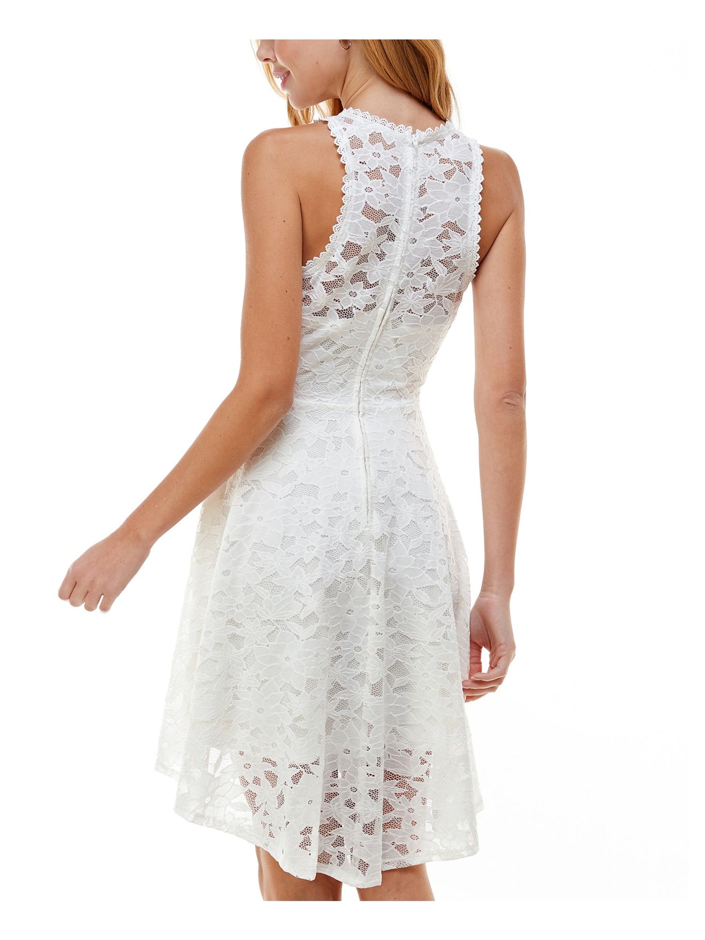 CITY STUDIO Womens Ivory Lace Hi Lo Sleeveless Jewel Neck Short Party Fit + Flare Dress 9