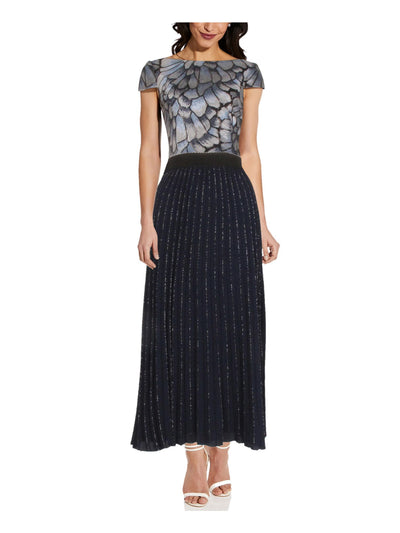 ADRIANNA PAPELL Womens Navy Metallic Pull On Styling Tea-Length Cocktail Pleated Skirt Petites 8P