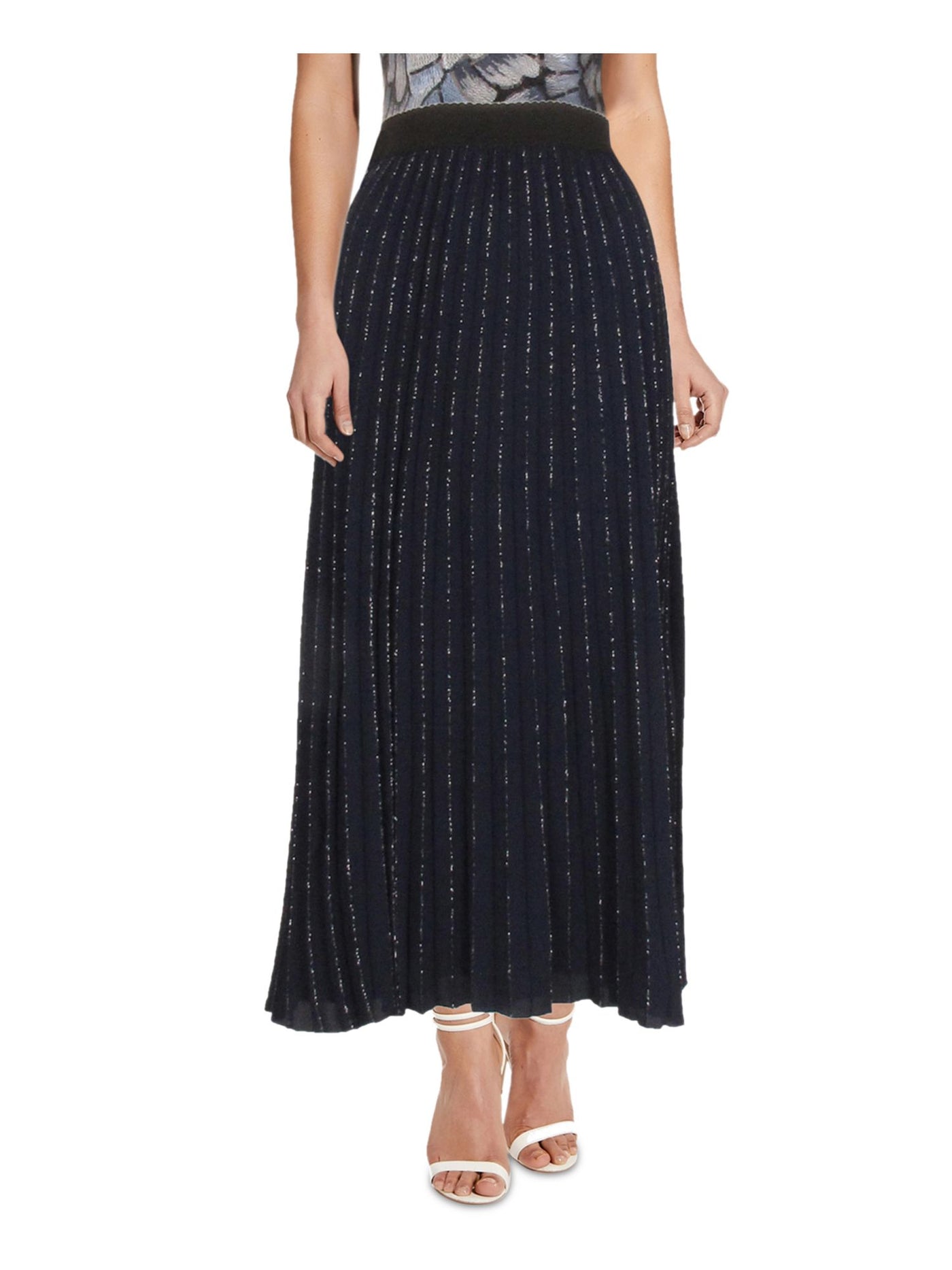 ADRIANNA PAPELL Womens Navy Metallic Pull On Styling Tea-Length Cocktail Pleated Skirt Petites 14P