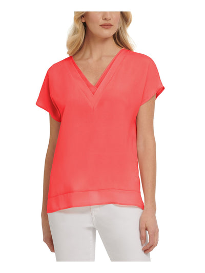 DKNY Womens Coral Sheer Chiffon Trim Vented Hem Short Sleeve V Neck Wear To Work Top S