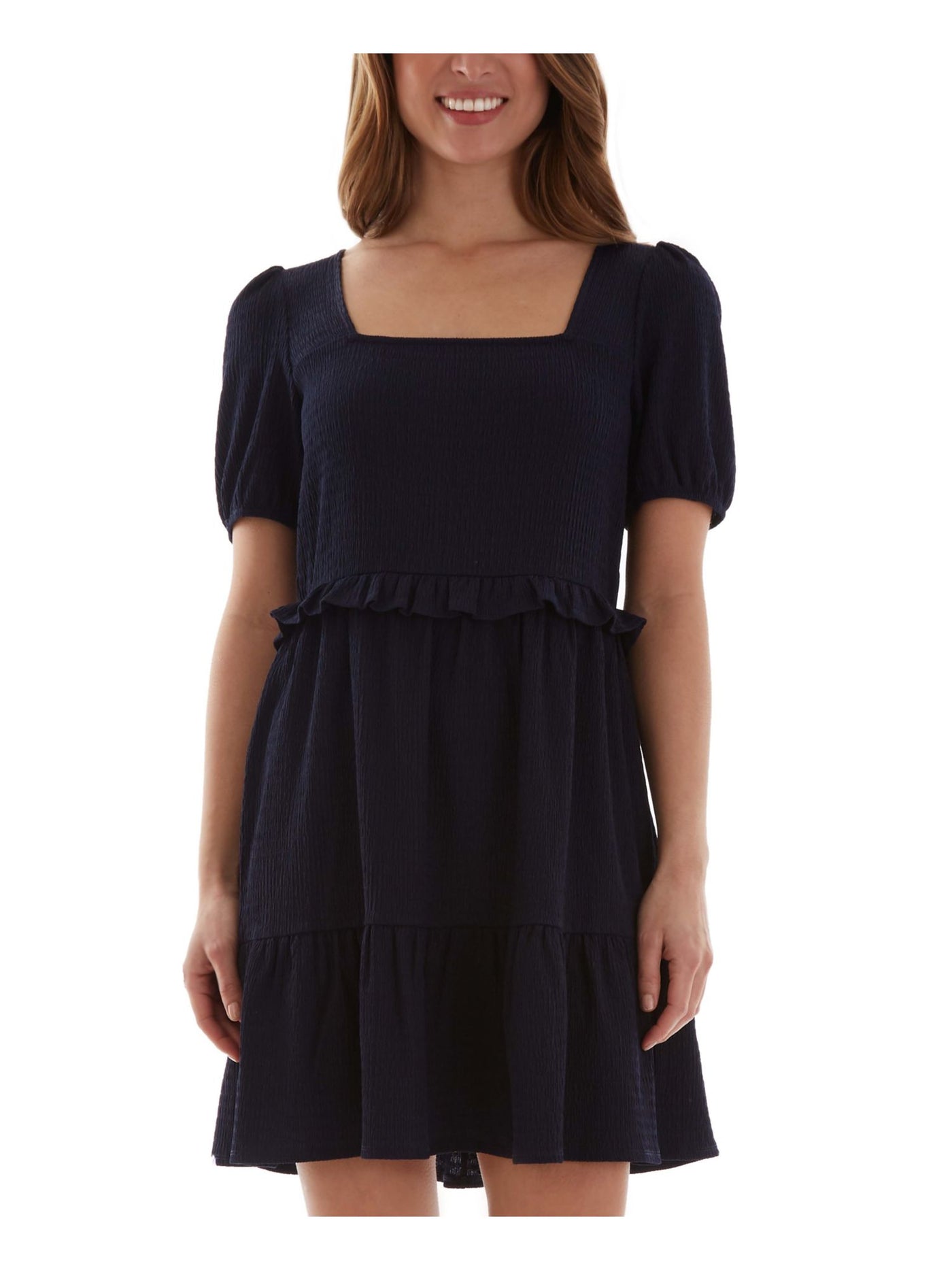 BCX Womens Navy Ruffled Textured Pouf Square Neck Short Shift Dress XS