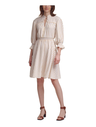 CALVIN KLEIN Womens White Smocked Ruffled Split Tie Neck  Unlined Striped Balloon Sleeve Above The Knee Evening Fit + Flare Dress 4