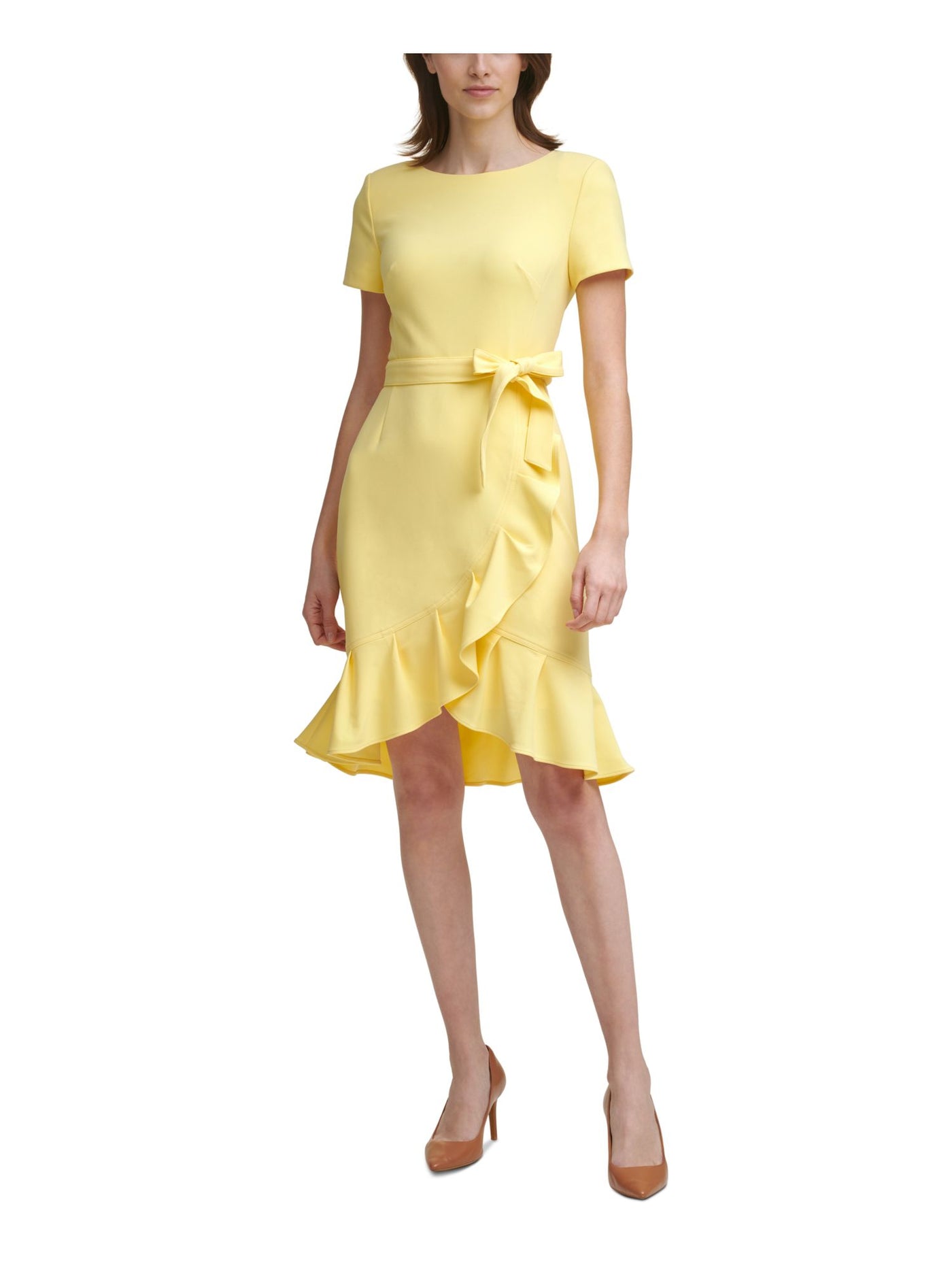 CALVIN KLEIN Womens Yellow Stretch Zippered Ruffled Tulip Hem Scuba Crepe Tie Sash Short Sleeve Round Neck Knee Length Party Sheath Dress Petites 6P