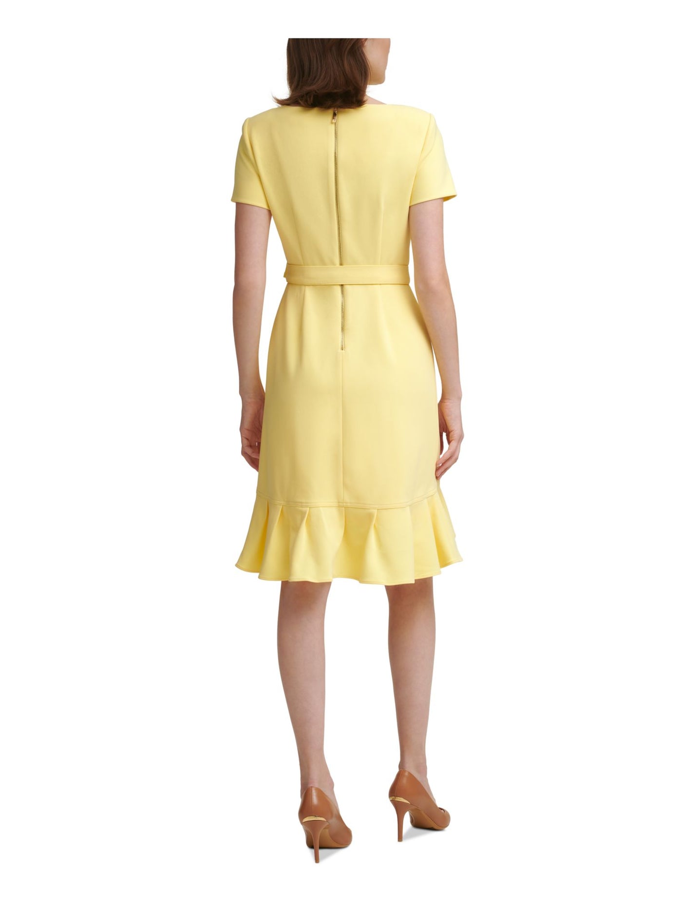 CALVIN KLEIN Womens Yellow Stretch Zippered Ruffled Tulip Hem Scuba Crepe Tie Sash Short Sleeve Round Neck Knee Length Party Sheath Dress Petites 6P