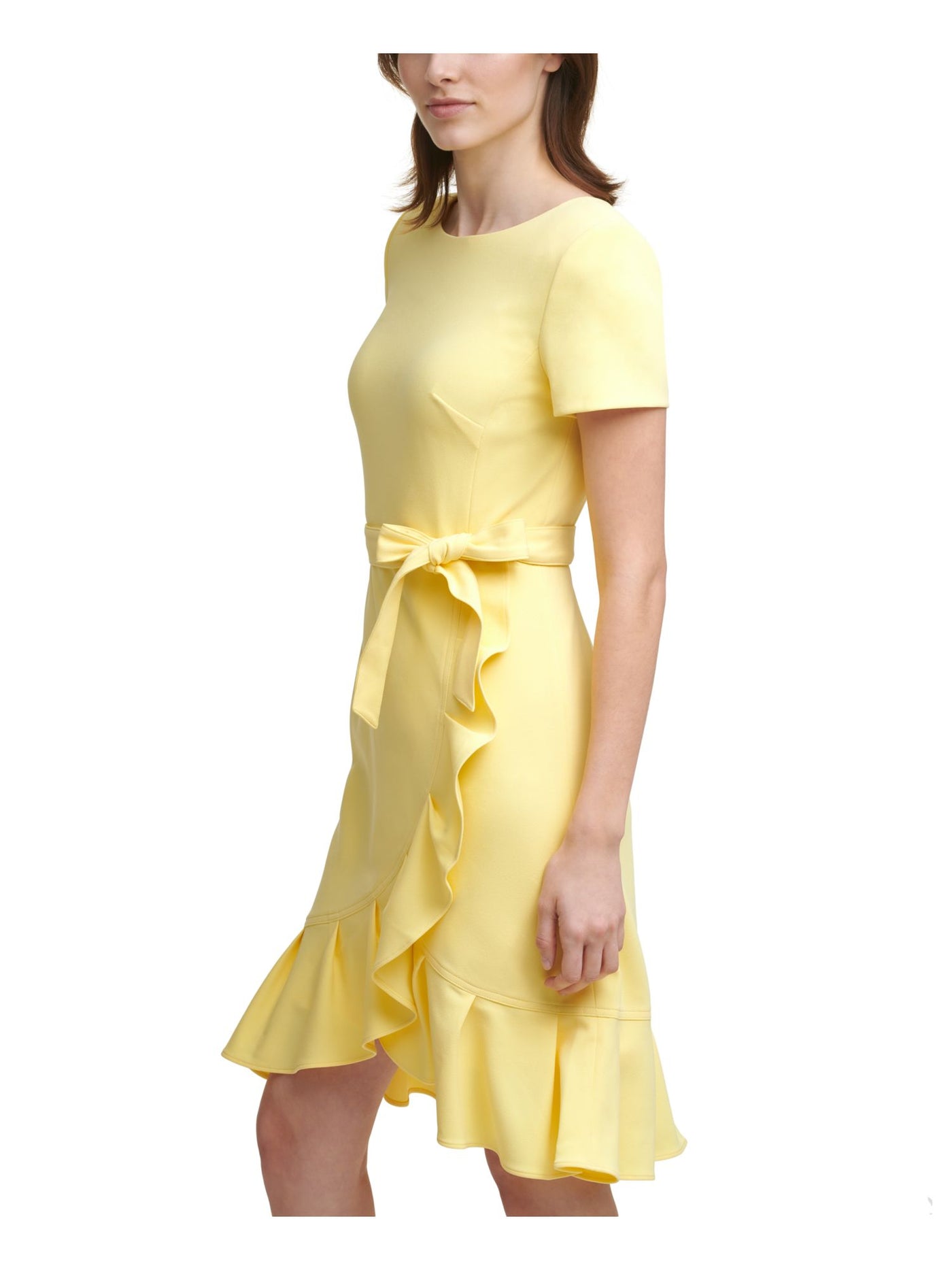 CALVIN KLEIN Womens Yellow Stretch Zippered Ruffled Tulip Hem Scuba Crepe Tie Sash Short Sleeve Round Neck Knee Length Party Sheath Dress Petites 6P