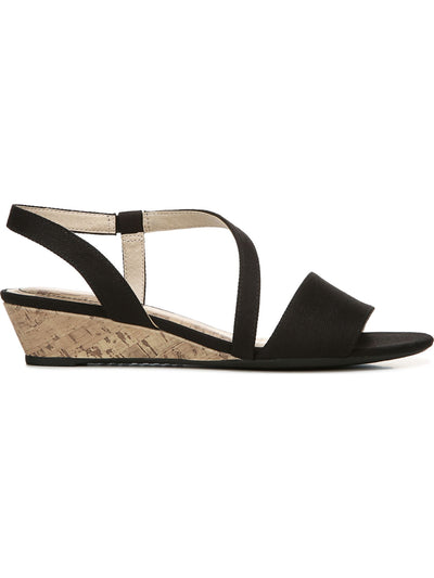 LIFE STRIDE Womens Black Traction Sole Faux Cork Strappy Asymmetrical Cushioned Yasmine Round Toe Wedge Slip On Slingback Sandal 6 M