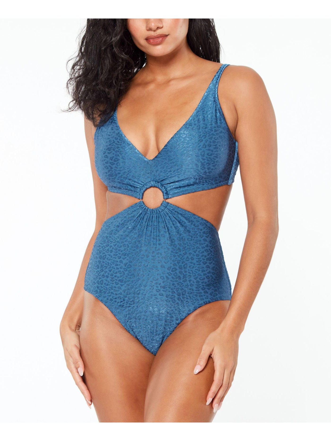 BAR III Women's Blue Animal Print Removable Cups Deep V Neck Ring Monokini One Piece Swimsuit XS