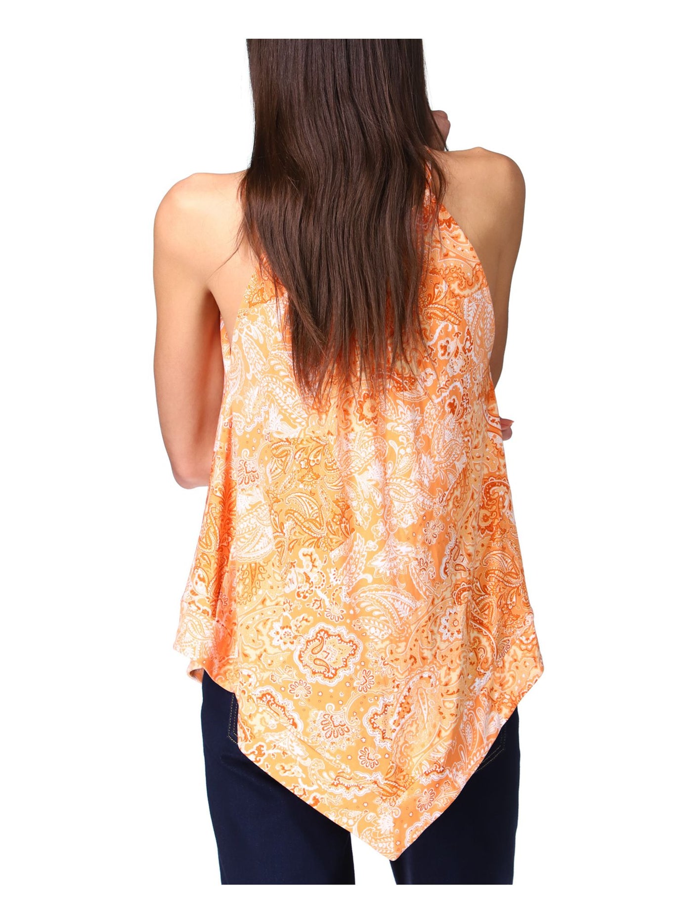 MICHAEL KORS Womens Orange Beaded Handkerchief Hem Unlined Paisley Sleeveless Round Neck Top Petites P