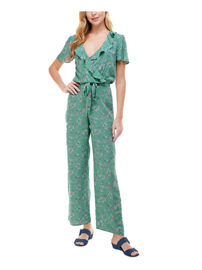 KINGSTON GREY Womens Green Ruffled Tie Floral Flutter Surplice Neckline Wide Leg Jumpsuit XS