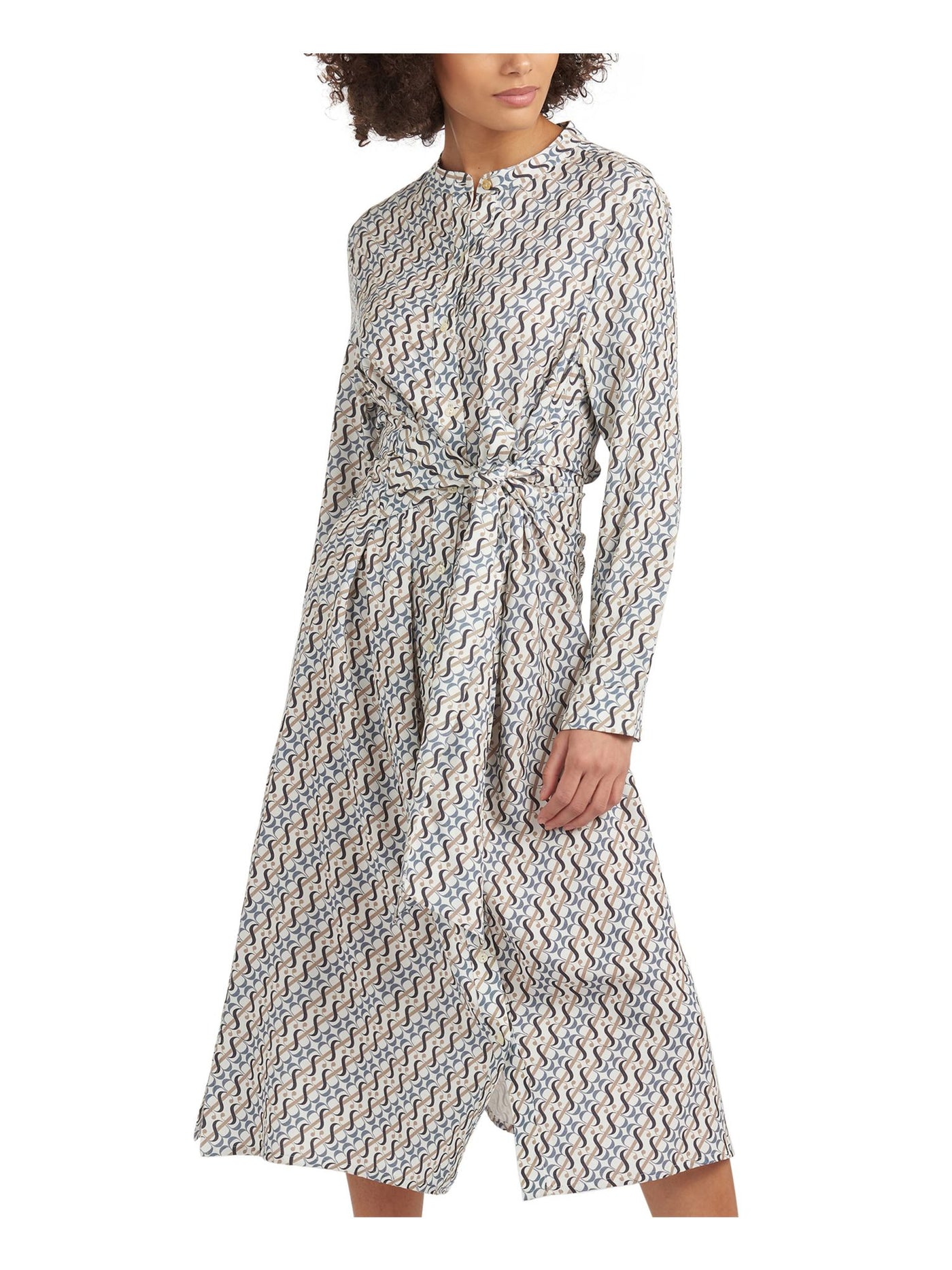 BARBOUR Womens White Tie Band Collar Button Front Printed Long Sleeve Below The Knee Shirt Dress 12