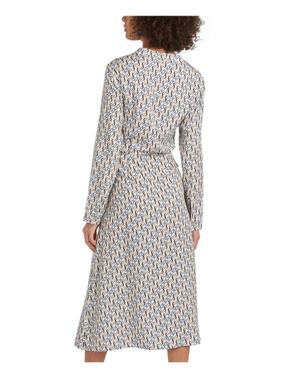 BARBOUR Womens White Tie Band Collar Button Front Printed Long Sleeve Below The Knee Shirt Dress 12