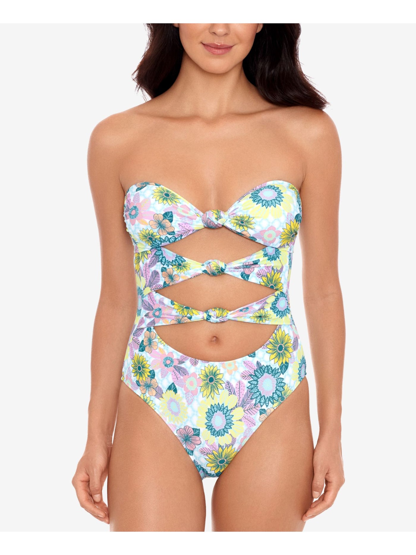 SALT + COVE Women's Blue Floral Cutout In Full Bloom Bandeau One Piece Swimsuit M