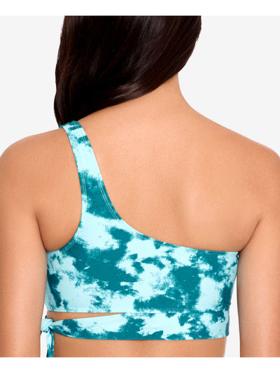 SALT + COVE Women's Teal Tie Dye Stretch Removable cups Lined Side Tie Adjustable Sea Foam One Shoulder Swimsuit Top M