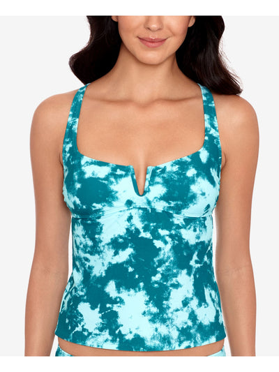 SALT + COVE Women's Green Acid Wash Stretch Lined V-Wire Tie Sea Foam Square Neck Tankini Swimsuit Top M