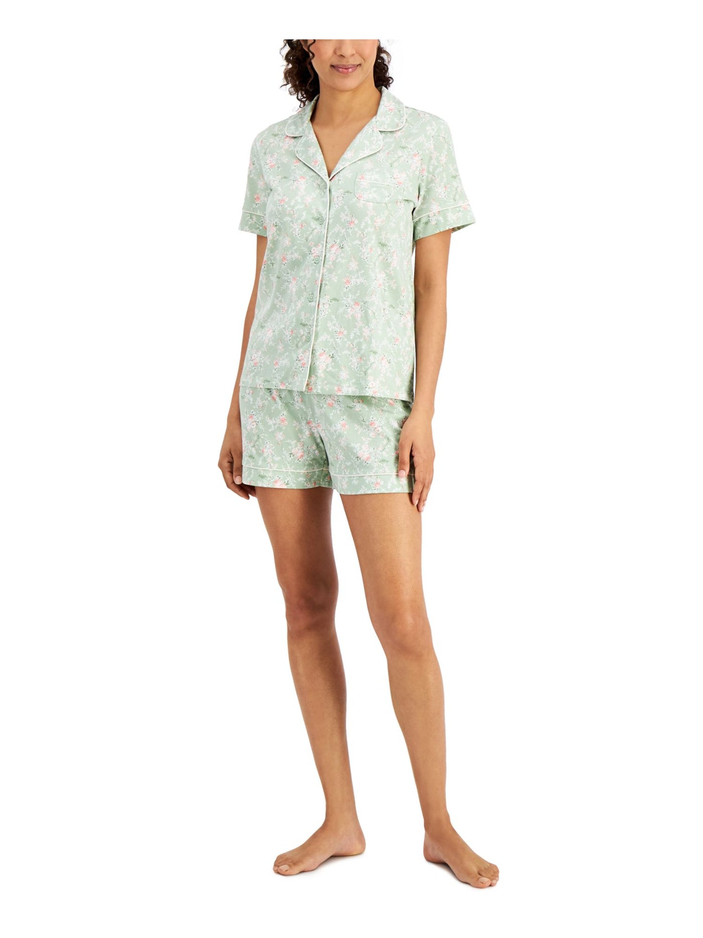 CHARTER CLUB Womens Green Floral Elastic Band Short Sleeve Button Up Top Lounge Pants Knit Pajamas M