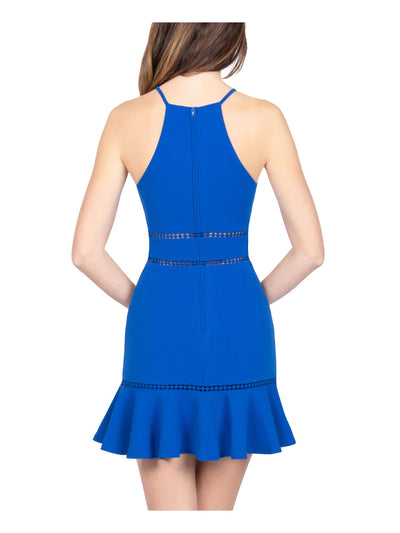 B DARLIN Womens Blue Stretch Zippered Ruffled Lace Trim At Waist Sleeveless Halter Mini Evening Sheath Dress 1\2