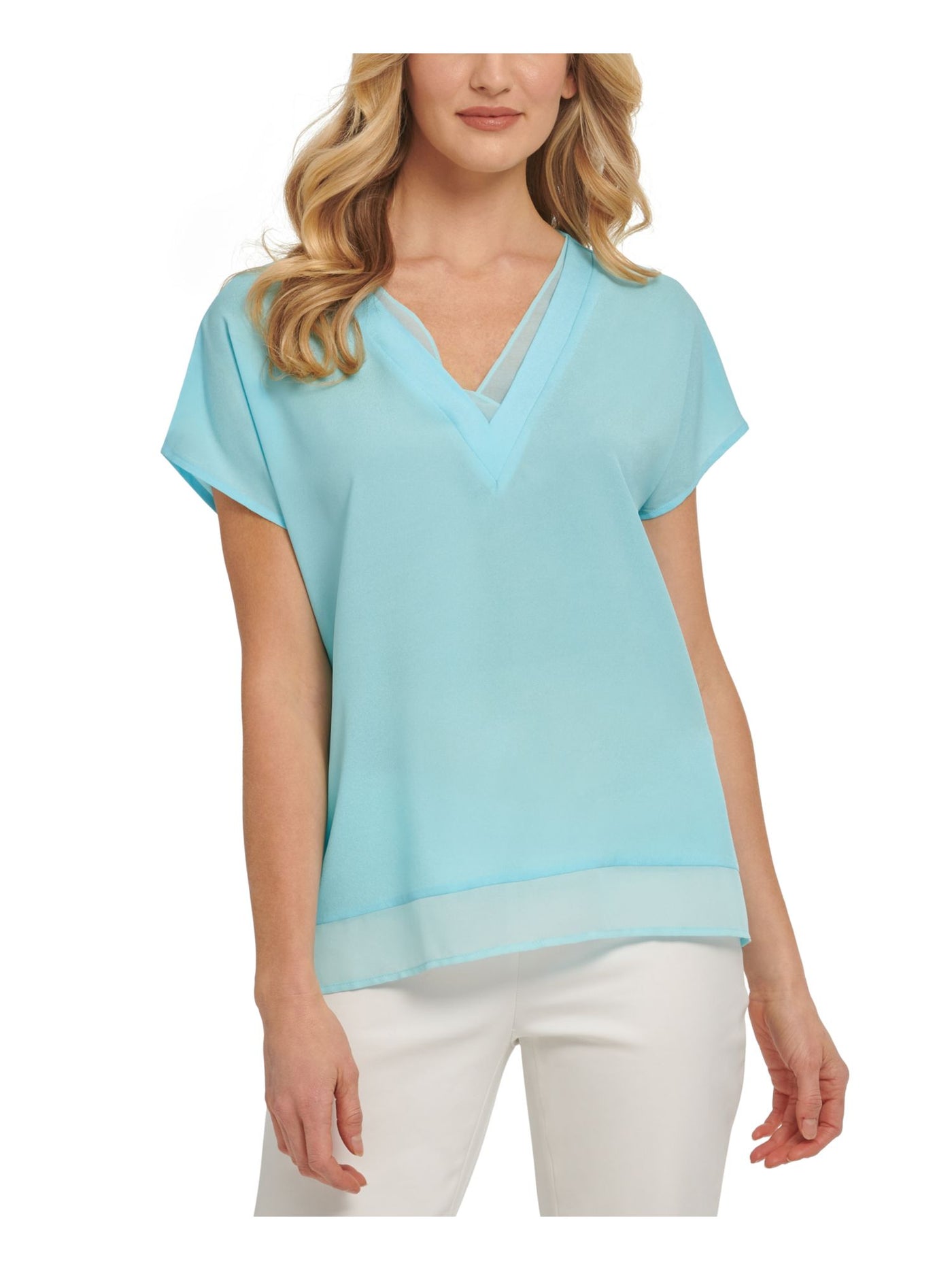 DKNY Womens Aqua Textured Faux Layered Vented Hem Short Sleeve V Neck Wear To Work Top L