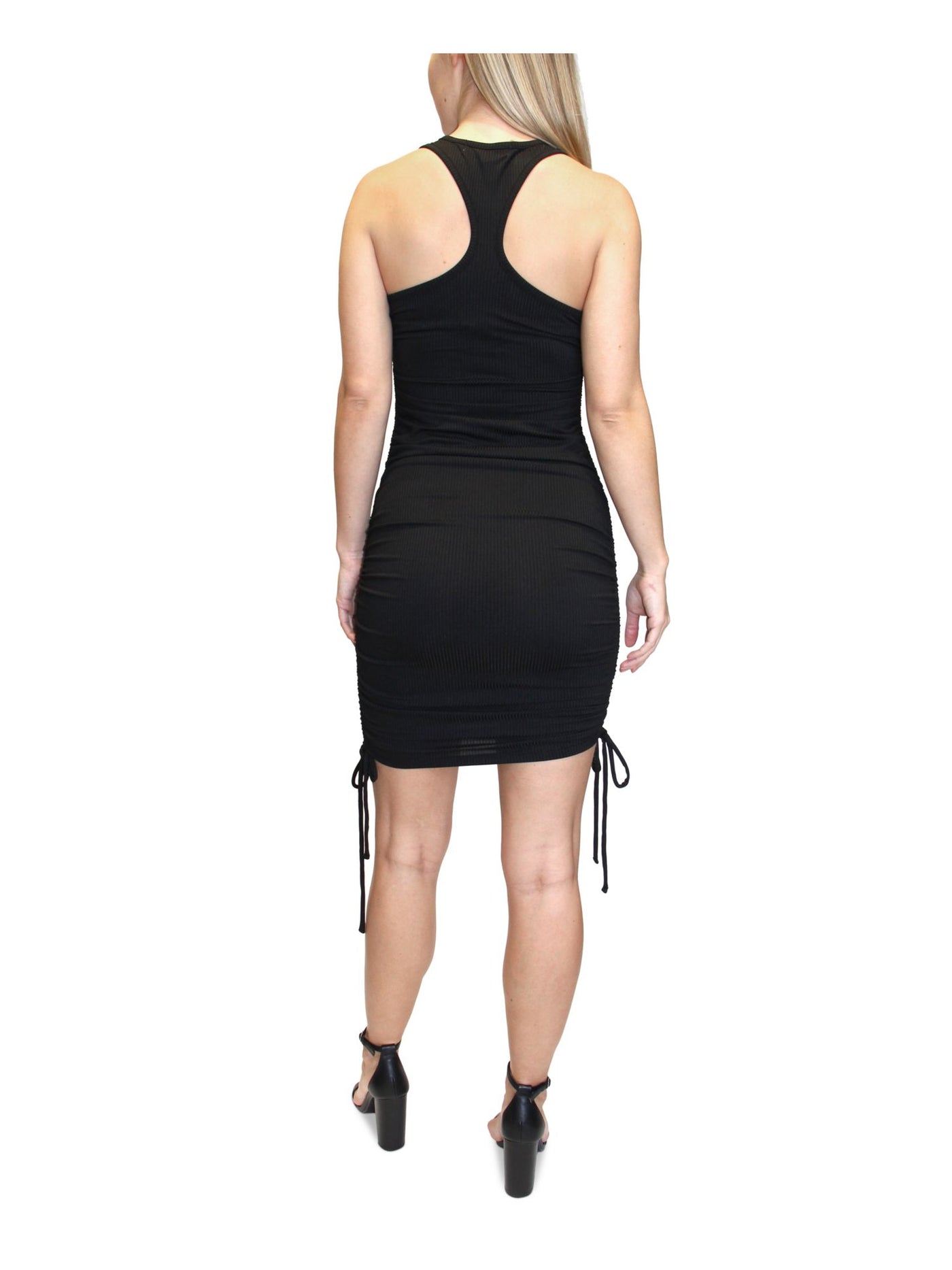 ALMOST FAMOUS Womens Black Stretch Ruched Ribbed Tie Racerback Sleeveless Jewel Neck Above The Knee Party Body Con Dress S