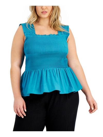 INC Womens Teal Smocked Sleeveless Square Neck Peplum Top Plus 4X