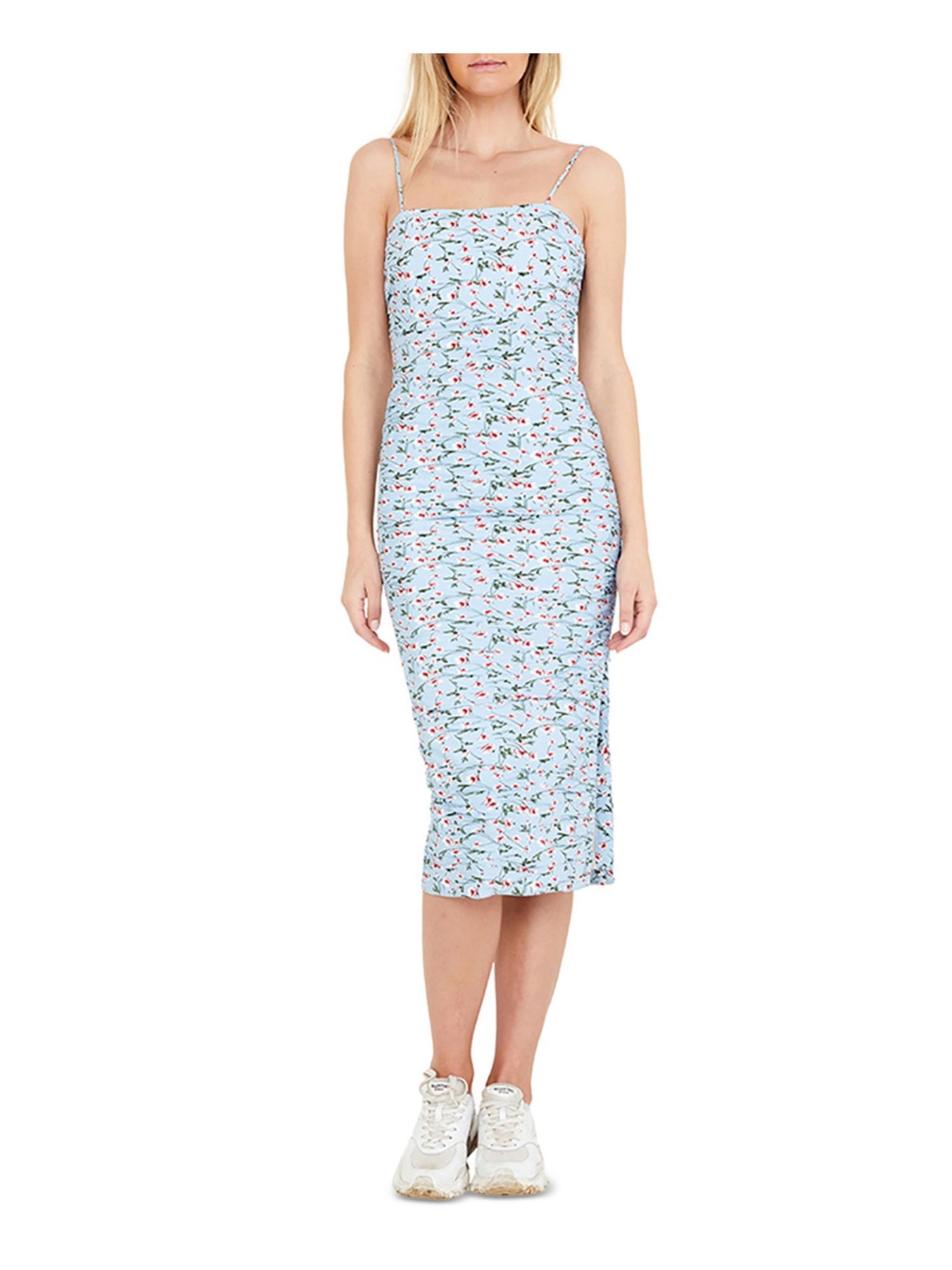 BARDOT Womens Blue Zippered Adjustable Straps Floral Square Neck Midi Cocktail Sheath Dress 8\M