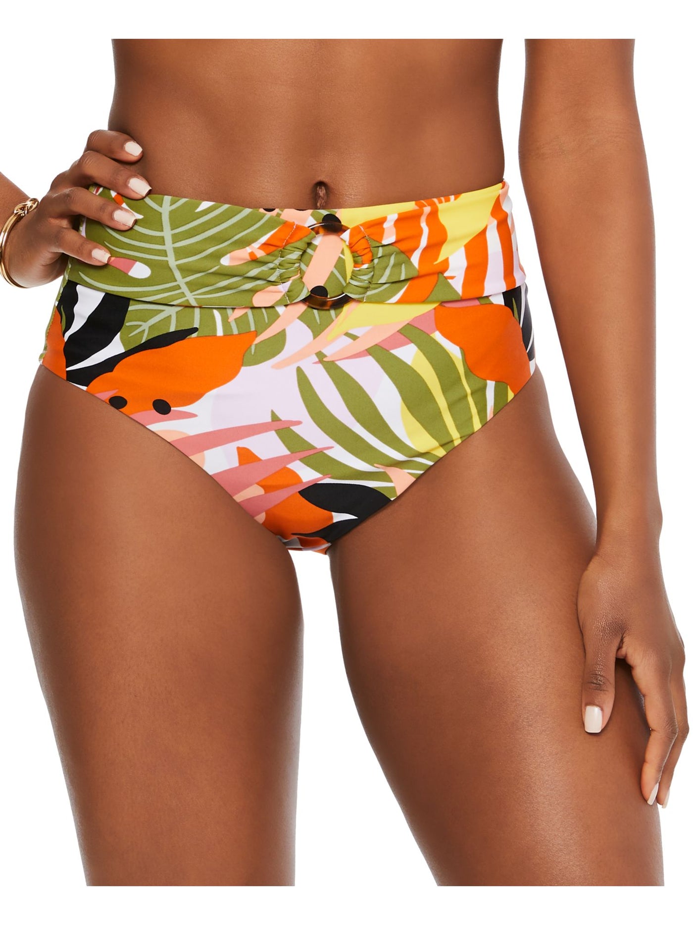 BAR III Women's Multi Color Tropical Print Stretch Shirred Waistband Lined Full Coverage Ring High Waisted Swimsuit Bottom XS