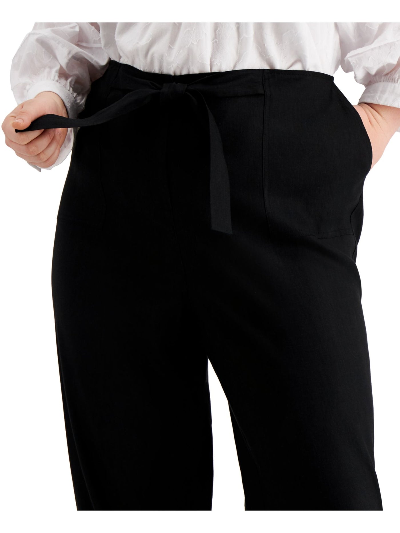 CALVIN KLEIN Womens Black Tie Pocketed Faux Front Fly Wear To Work High Waist Pants Plus 2X