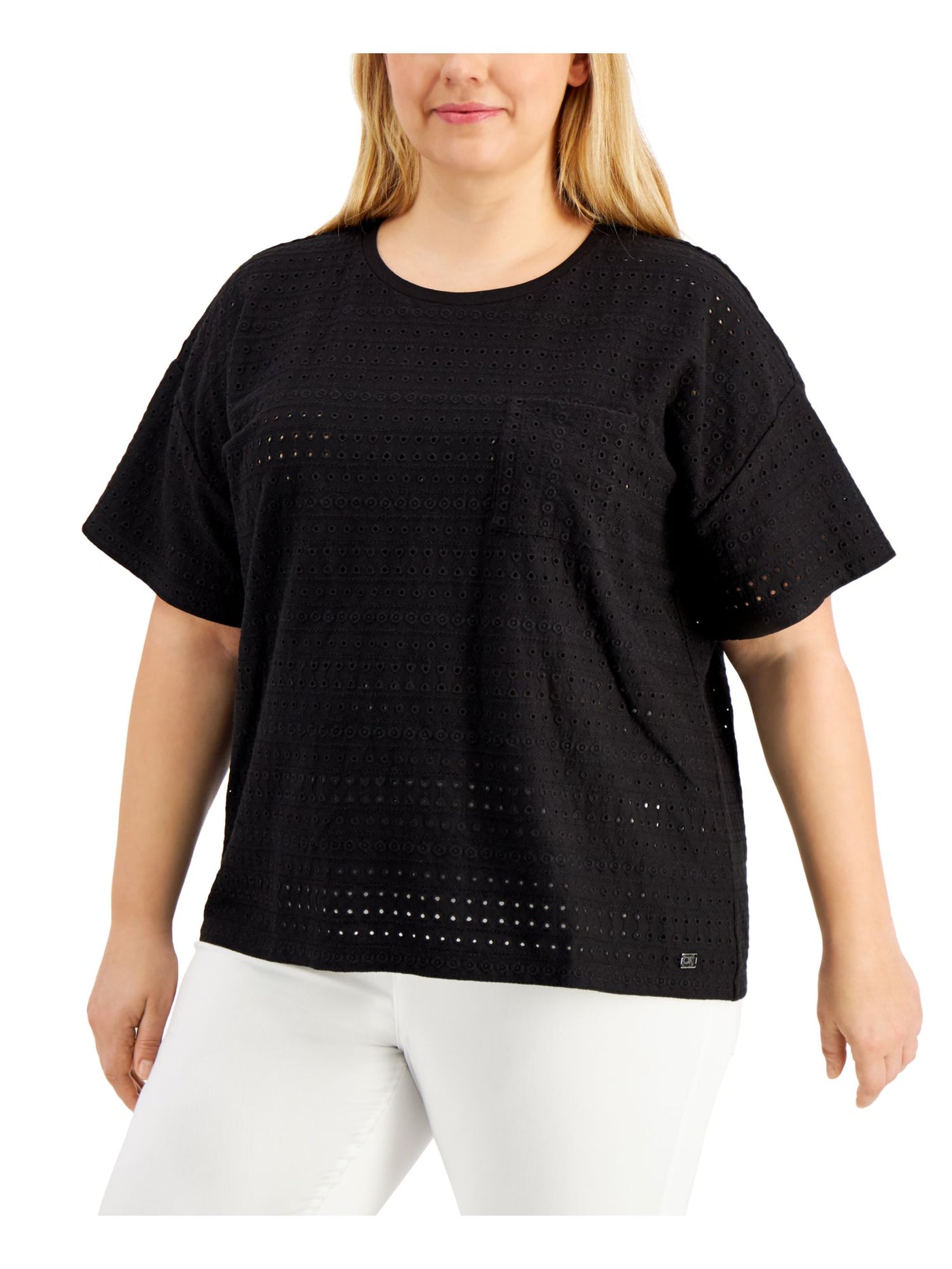 CALVIN KLEIN Womens Black Eyelet Pocketed Short Sleeve Crew Neck T-Shirt Plus 3X