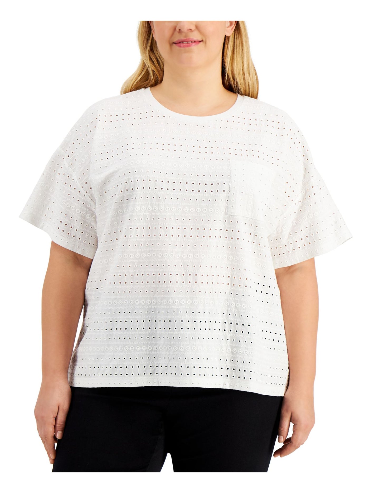 CALVIN KLEIN Womens White Eyelet Pocketed Short Sleeve Crew Neck Wear To Work T-Shirt Plus 2X