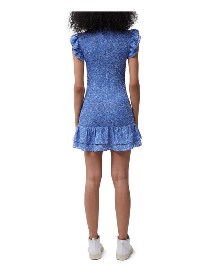 FRENCH CONNECTION Womens Blue Stretch Smocked Ruffled Unlined Pullover Styling Zippere Printed Flutter Sleeve Crew Neck Mini Party Drop Waist Dress M